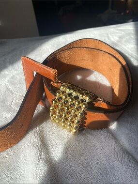 Vintage Alberto Pianetti Italy Brown Leather Belt Gold Beaded Buckle Boho